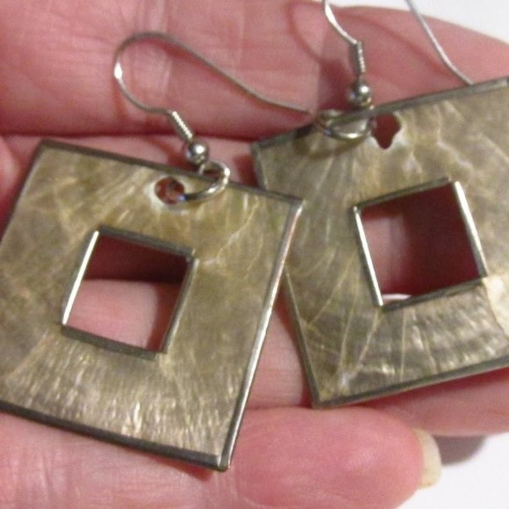 Large Square Open MOP Drop Silver Earrings